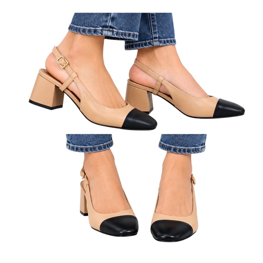 Madden Girl Kitty 9 Nude Black Cap Toe Slingback Block Heels